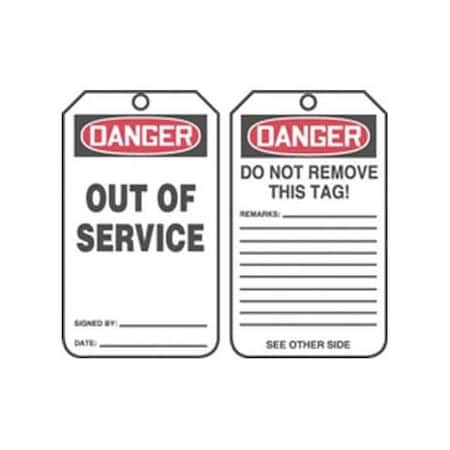 Accuform Safety Tags, DANGER OUT OF SERVICE, 8.5inx 3.875in, PF-Cardstock, 25PK MDT288CTP